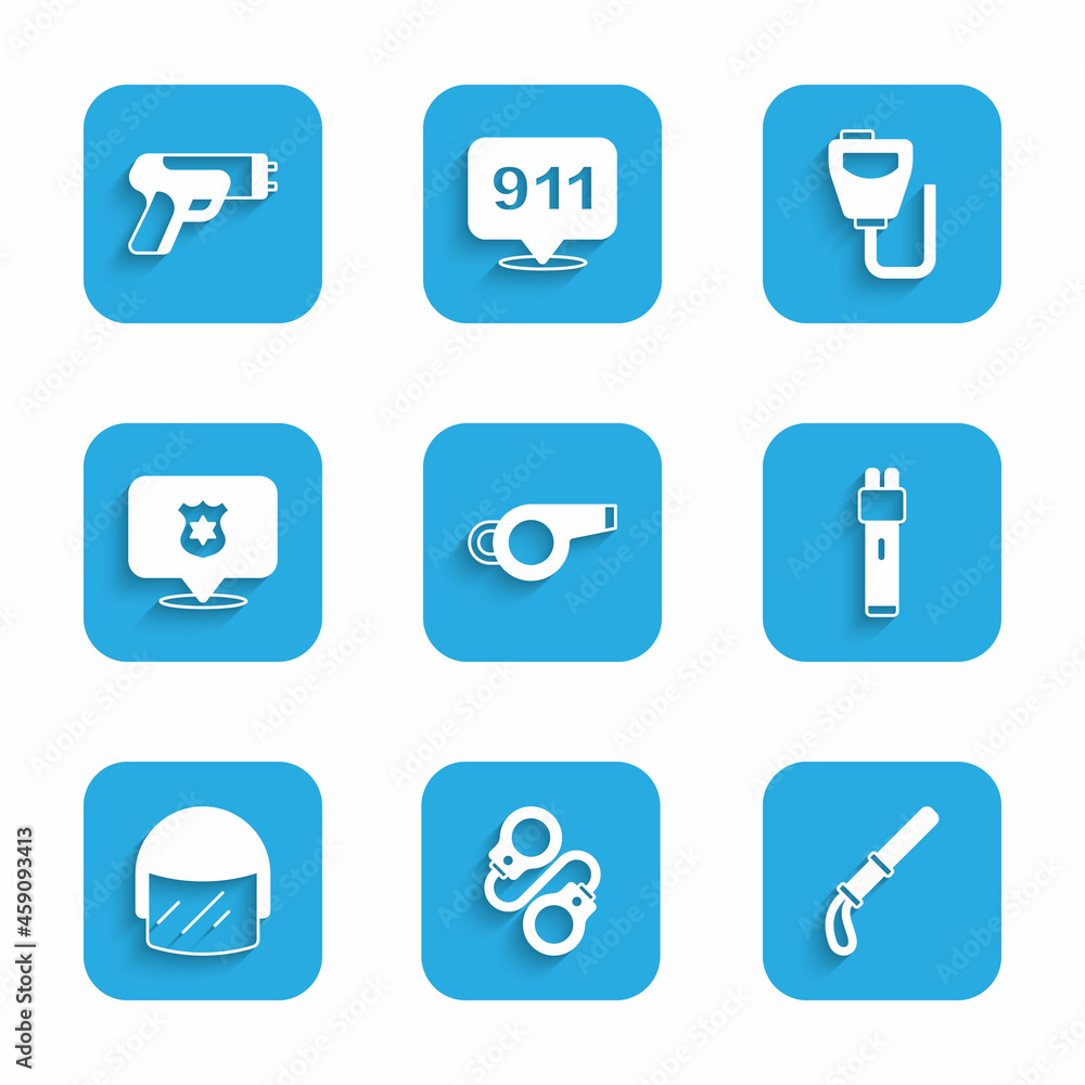 Set Whistle, Handcuffs, Police rubber baton, electric shocker, helmet, badge, Walkie talkie and icon. Vector Set Whistle, Handcuffs, Police rubber baton, electric shocker, helmet, badge, Walkie talkie and icon. Vector