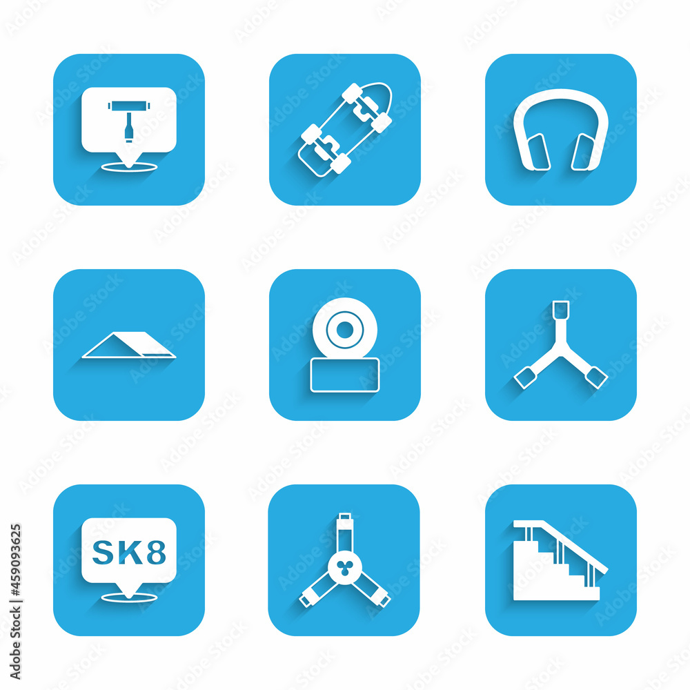 Set Skateboard wheel, Y-tool, stairs with rail, park, Headphones and T icon. Vector Set Skateboard wheel, Y-tool, stairs with rail, park, Headphones and T icon. Vector
