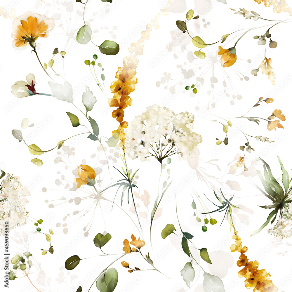 Foto auf Acrylglas mit nahtloses aquarellblumenmuster mit gartenrosa, gelben blumen, blättern, zweigen. Botanische Fliese, Hintergrund. #459093650