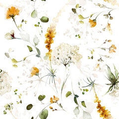 Keuken achterwand Wit patronen Botanisch aquarelpatroon roze gele bloemen  © lisima
