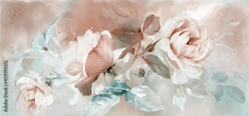 Obraz Oil painting with flower rose, leaves. Botanic print background on canvas -  triptych In Interior, art.