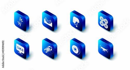 Set Skate park, Skateboard helmet, wheel, deck, and Tool allen keys icon. Vector