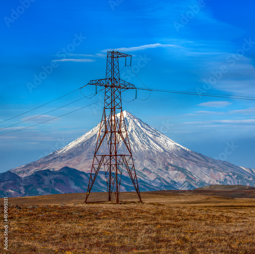 high-voltage transmission lines and the Vilyuchinsky volcano, Kamchatka Peninsula, Russia