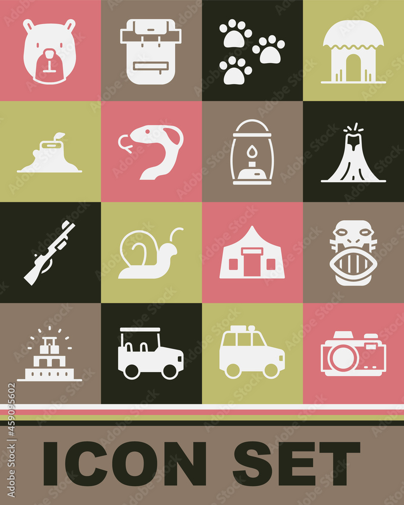 Set Photo camera, Mexican mayan or aztec mask, Volcano eruption, Paw print, Snake, Tree stump, Bear head and Camping lantern icon. Vector Set Photo camera, Mexican mayan or aztec mask, Volcano eruption, Paw print, Snake, Tree stump, Bear head and Camping lantern icon. Vector