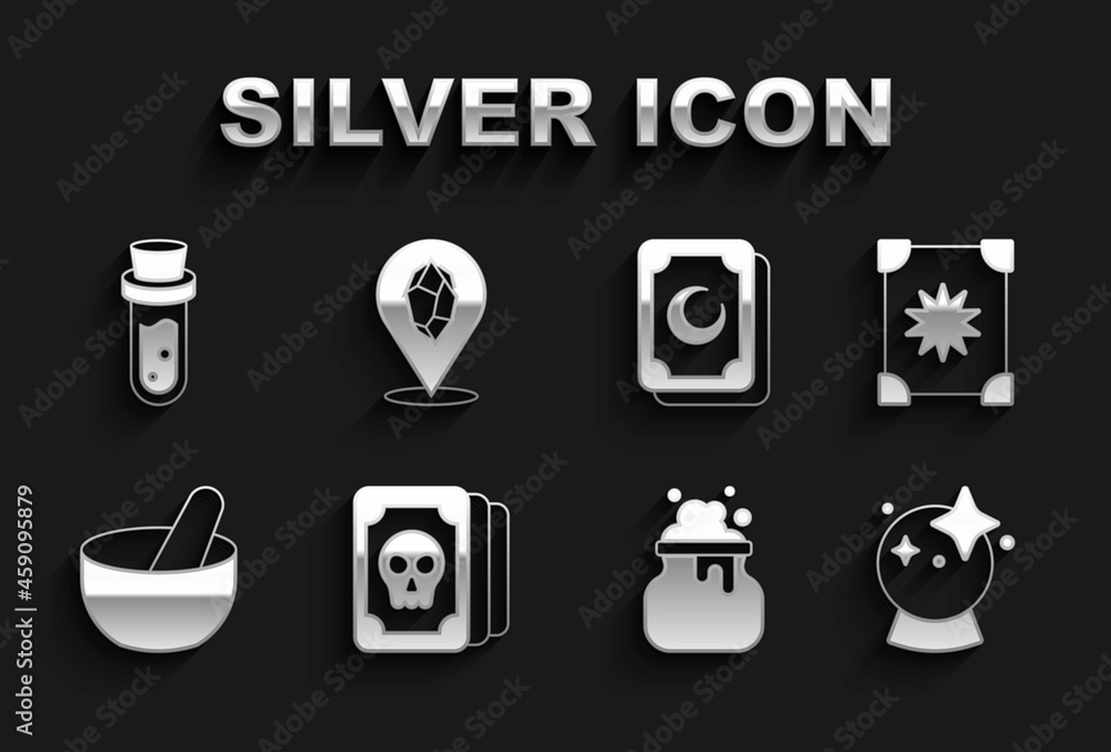 Set Tarot cards, Ancient magic book, Magic ball, Witch cauldron, Bottle with potion and stone icon. Vector Set Tarot cards, Ancient magic book, Magic ball, Witch cauldron, Bottle with potion and stone icon. Vector