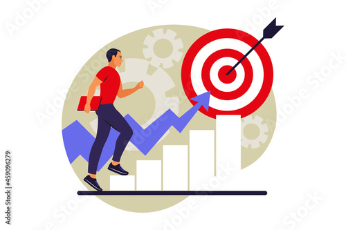 In progress. Man run to their goal. Vector illustration. Flat