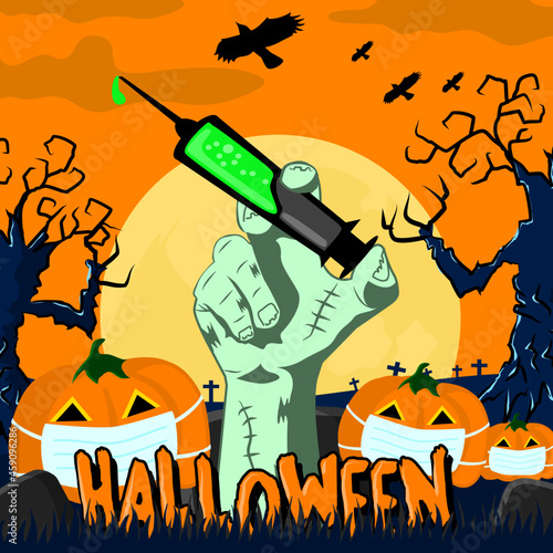 hand Zombie holding syringe vaccine