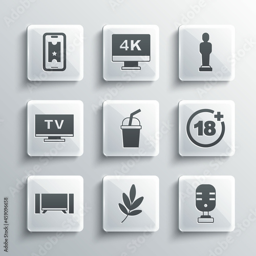 Set Movie trophy, Microphone, Plus 18 movie, Paper glass with water, Smart Tv, Buy cinema ticket online and icon. Vector