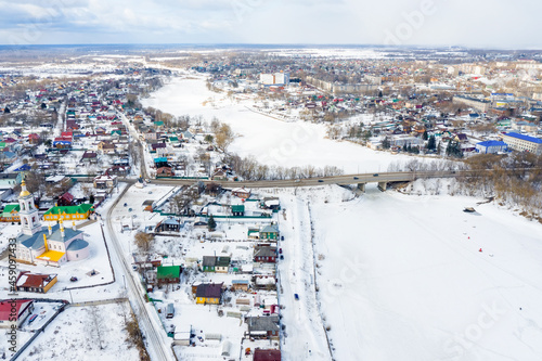 Aerial view of Church of the Ascension of the Lord in the city Kimry, Tver region, Russia