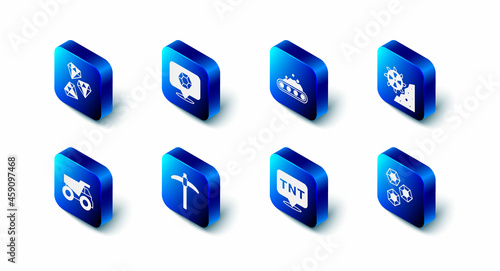 Set Gem stone, Conveyor belt carrying coal, Bucket wheel excavator, Dynamite, Pickaxe, Mining dump truck and icon. Vector