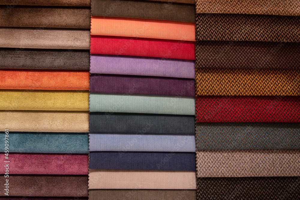 Fabric samples with different colors and textures, from warm colors to cold. Catalog for fabric selection for light fabric blinds for windows Fabric samples with different colors and textures, from warm colors to cold. Catalog for fabric selection for light fabric blinds for windows