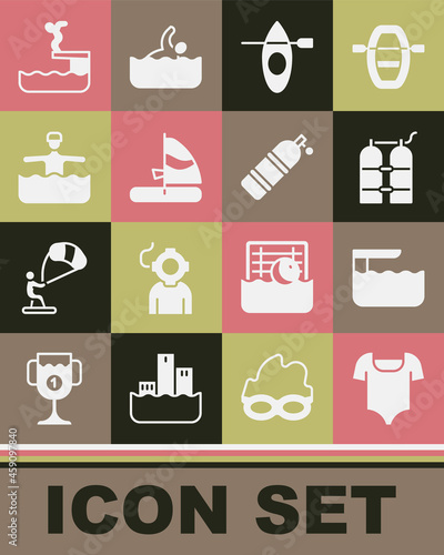 Set Swimsuit, Diving board or springboard, Aqualung, Kayak and paddle, Windsurfing, Water gymnastics, Swimmer diving into pool and icon. Vector