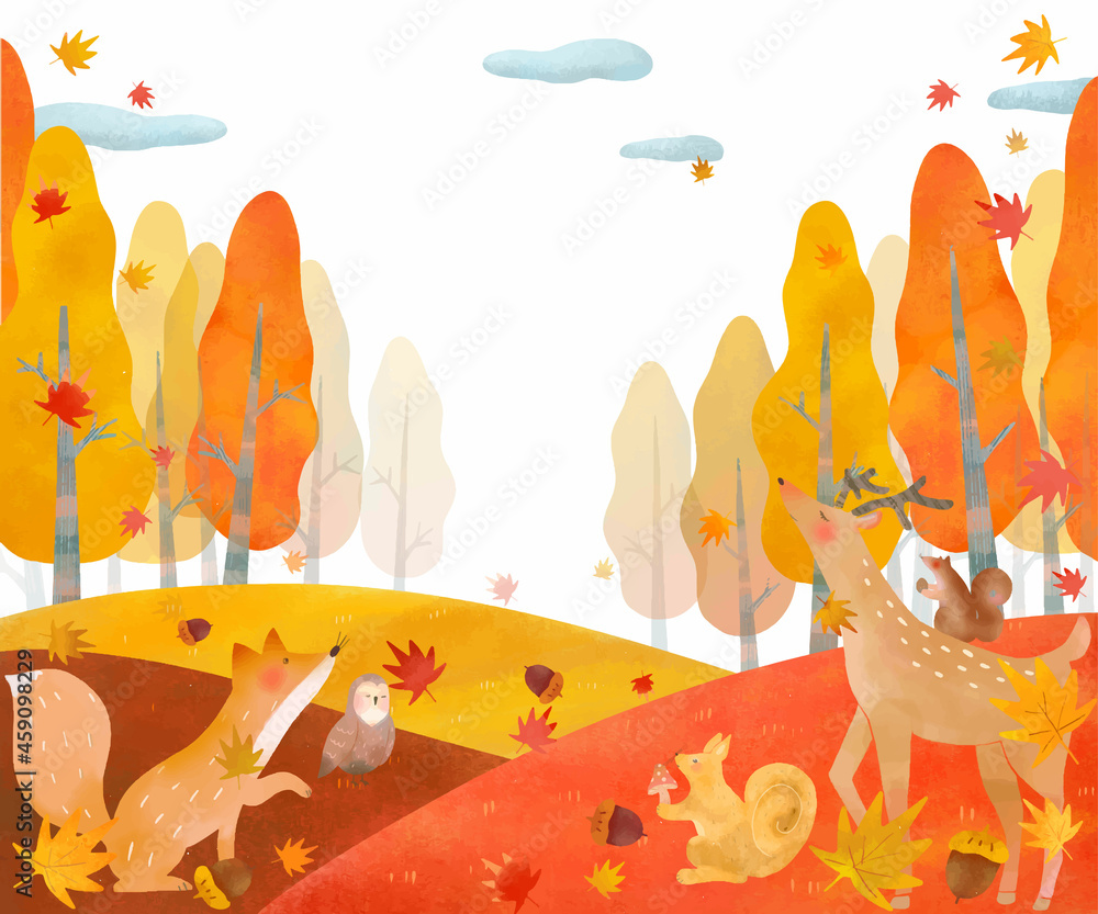北欧風オシャレな秋の植物や森の動物の白バックフレームのイラストベクター素材 Stock Vector Adobe Stock