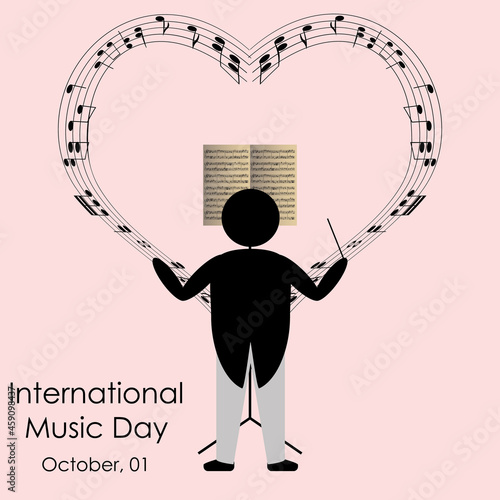 A stick figure maestro play music notes with heart shape, abstract vector iilustration of international music day event