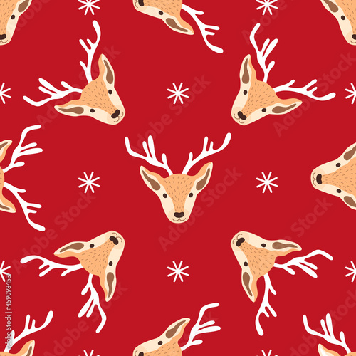 Vector illustration of festive Christmas pattern with heads of reindeers and snowflakes
