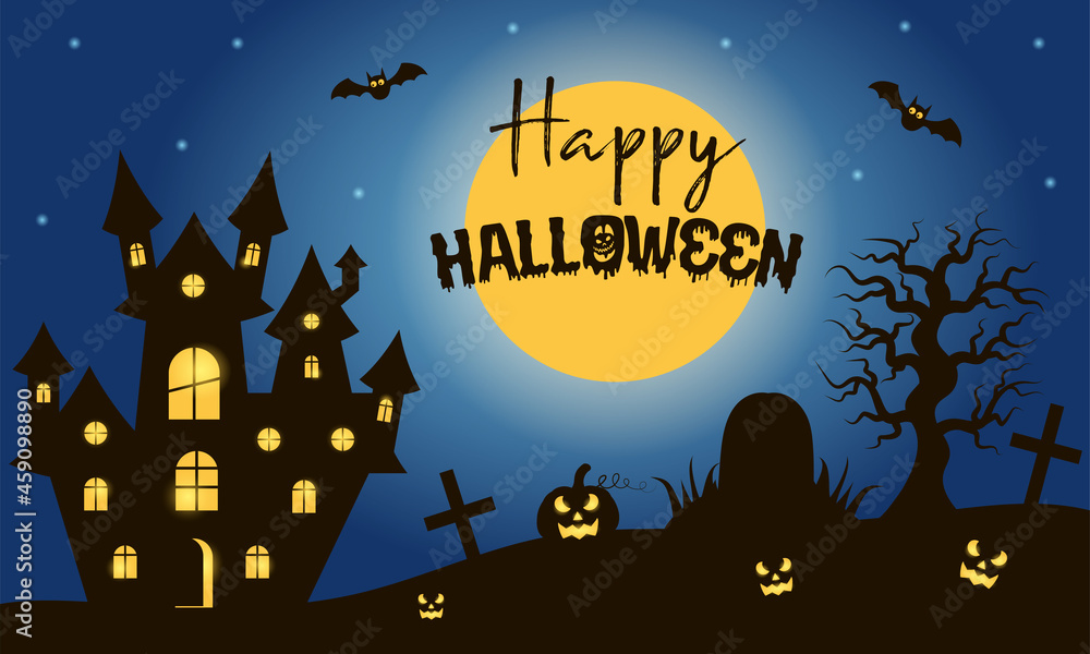 Halloween night landscape with scary castle and cemetery with pumpkins. Full moon is shining and bats are flying. Happy Halloween lettering. 
