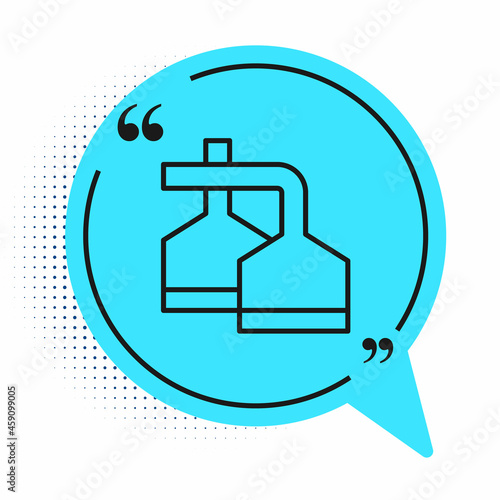 Black line Traditional brewing vessels in brewery icon isolated on white background. Beer brewing process. Distillery plant, brewery. Blue speech bubble symbol. Vector