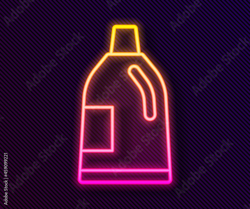 Glowing neon line Plastic bottle for laundry detergent, bleach, dishwashing liquid or another cleaning agent icon isolated on black background. Vector