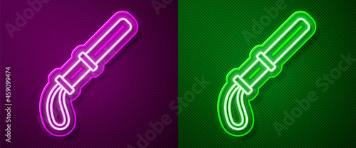 Glowing neon line Police rubber baton icon isolated on purple and green background. Rubber truncheon. Police Bat. Police equipment. Vector