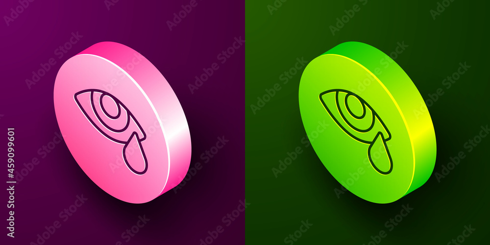 Isometric line Tear cry eye icon isolated on purple and green background. Circle button. Vector Isometric line Tear cry eye icon isolated on purple and green background. Circle button. Vector