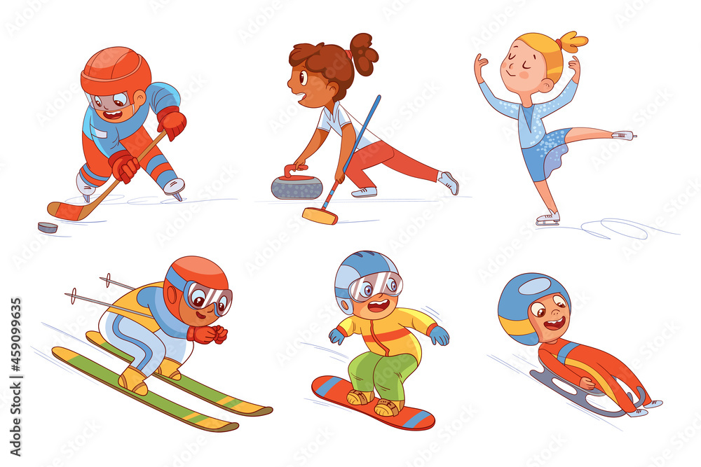 Winter sports for children Skiing. Figure skating. Snowboarding. Luge.  Curling. Ice hockey. Colorful cartoon characters. Funny vector  illustration. Isolated on white background Stock Vector | Adobe Stock