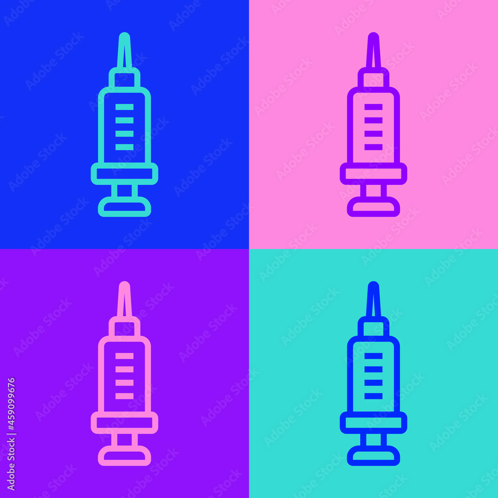 Pop art line Addiction to the drug icon isolated on color background. Heroin, narcotic, addiction, illegal. Sick junkie with a syringe and medical pills. Vector
