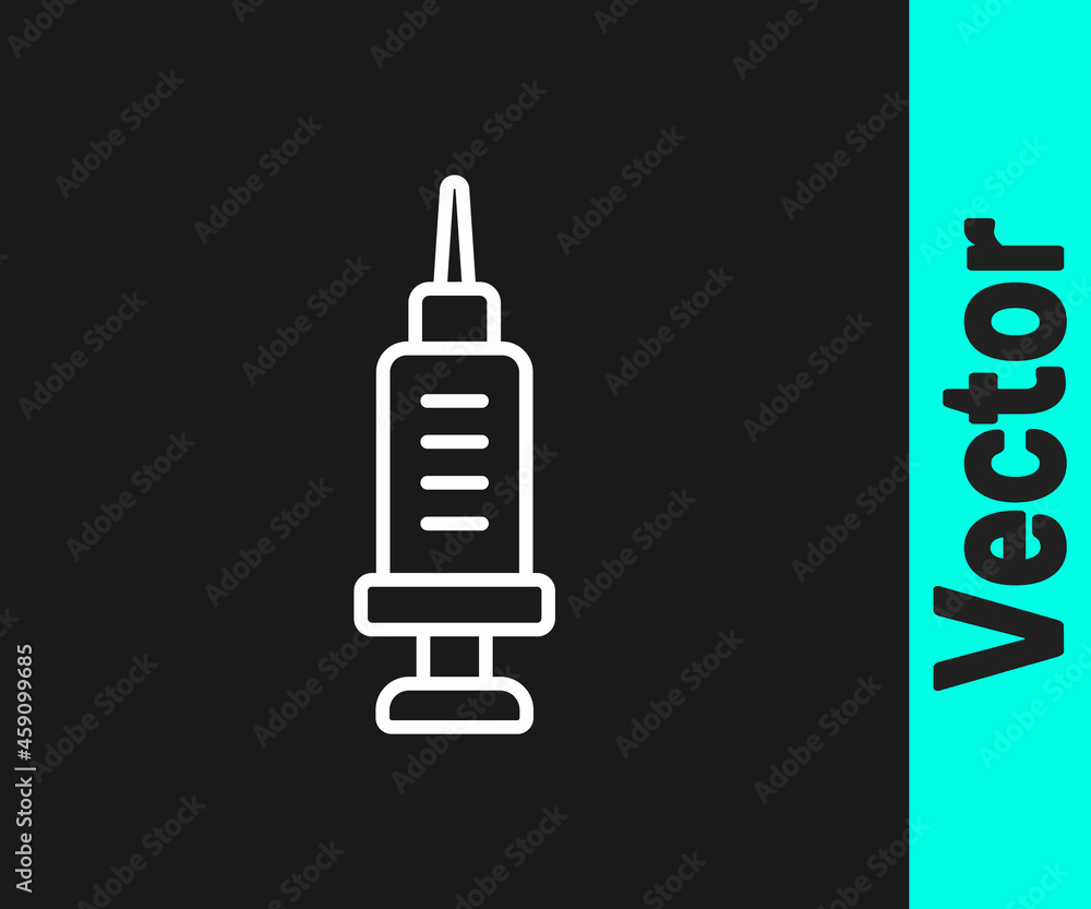 White line Addiction to the drug icon isolated on black background. Heroin, narcotic, addiction, illegal. Sick junkie with a syringe and medical pills. Vector White line Addiction to the drug icon isolated on black background. Heroin, narcotic, addiction, illegal. Sick junkie with a syringe and medical pills. Vector