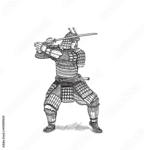 Fighting stance of a brave samurai. The history of Japan in sketches.