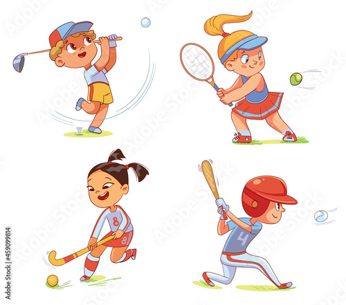 Team Sport. Field hockey, baseball, tennis, golfing. Set. Colorful cartoon characters. Funny vector illustration Isolated on white background