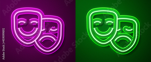 Glowing neon line Comedy and tragedy theatrical masks icon isolated on purple and green background. Vector