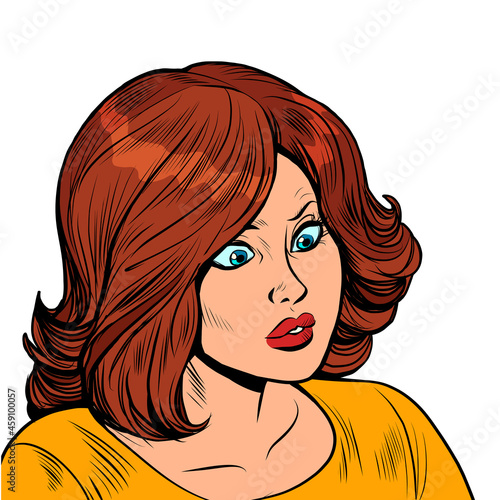 the surprised woman looks sideways. Human emotions. Eyes wide open