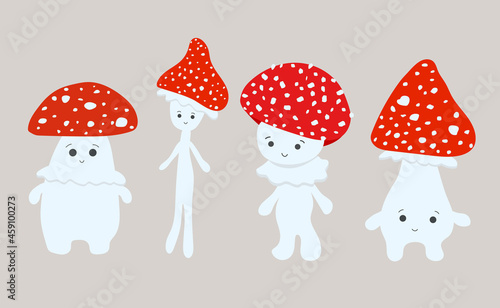 Vector illustration set of funny cartoon  mushrooms fly agaric with eyes and smile
