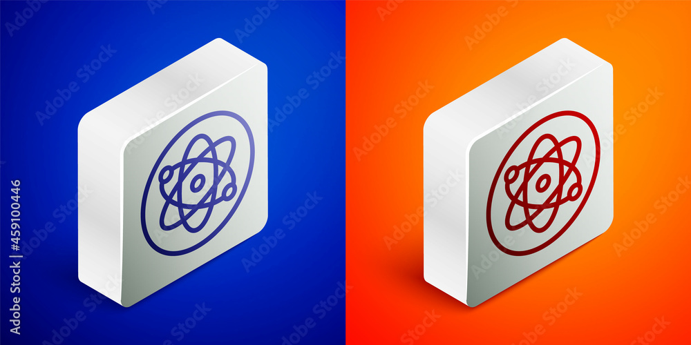 Isometric line Atom icon isolated on blue and orange background. Symbol of science, education, nuclear physics, scientific research. Silver square button. Vector Isometric line Atom icon isolated on blue and orange background. Symbol of science, education, nuclear physics, scientific research. Silver square button. Vector