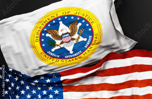 Flag of the United States Marshals Service variant along with a flag of the United States of America as a symbol of a connection between them, 3d illustration photo