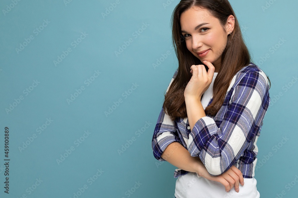 Closeup photo of amazing thoughtful beautiful young woman deep thinking creative female person holding arm on chin wearing stylish outfit isolated on colorful background with copy space Closeup photo of amazing thoughtful beautiful young woman deep thinking creative female person holding arm on chin wearing stylish outfit isolated on colorful background with copy space