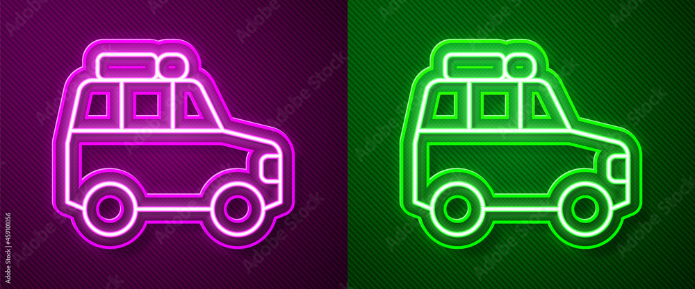 Glowing neon line Car icon isolated on purple and green background. Vector Glowing neon line Car icon isolated on purple and green background. Vector