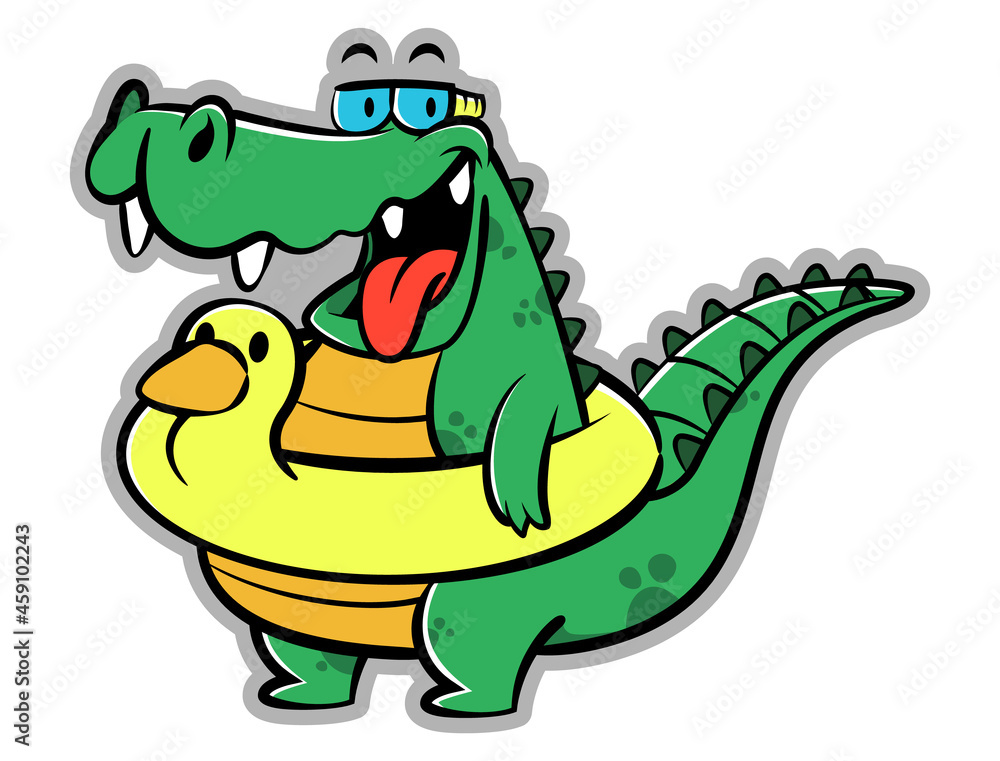 Naklejka premium Cartoon Illustration of Funny Alligator wearing goggles and duck buoy, ready for summer vacation, best for sticker, mascot, and logo with summer themes