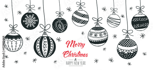Set of hand drawn christmas baubles. Decoration isolated elements. Doodles and sketches vector illustration