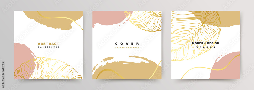 Set of square covers with luxury elegant backgrounds. Social media stories and post templates. Greeting card and invitation. Vector floral shapes, gold and pink on a white background