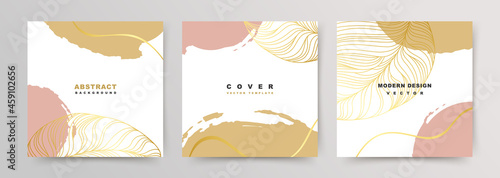 Set of square covers with luxury elegant backgrounds. Social media stories and post templates. Greeting card and invitation. Vector floral shapes, gold and pink on a white background
