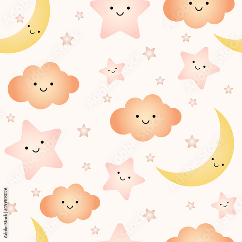 Seamless pattern cute baby shower clouds, stars and moon with faces ORANGE