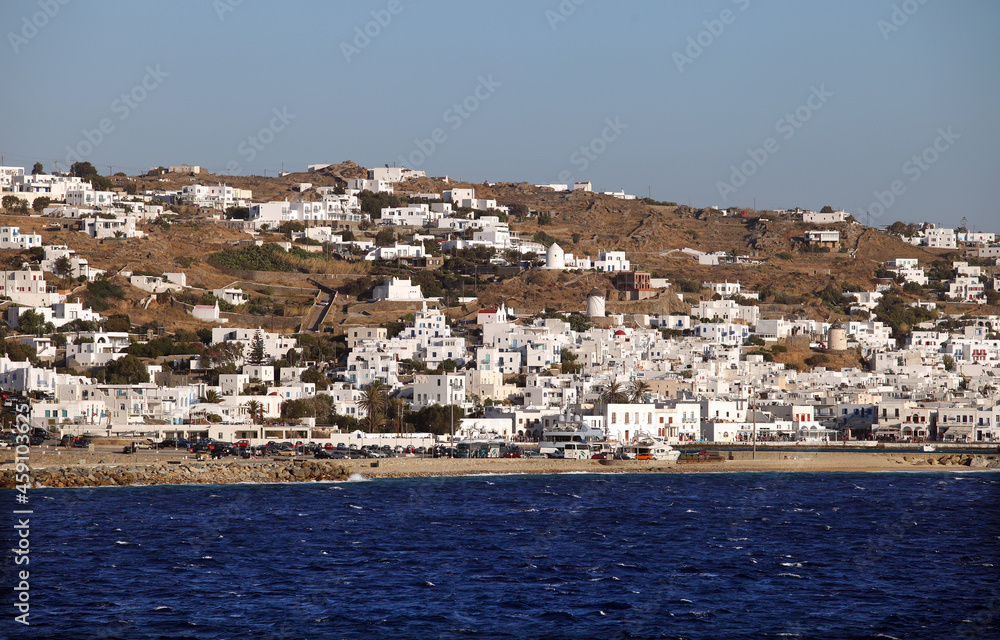 Beautiful Greek island Mykonos seaside and traditional bulidings in Greece. Mykonos is located to the area of the central Aegean Sea and belongs to the prefecture of Cyclades.