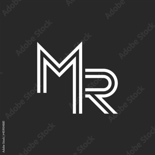 Monogram MR or RM initials identity monogram, two letters M and R combination, thin lines black and white minimal design.