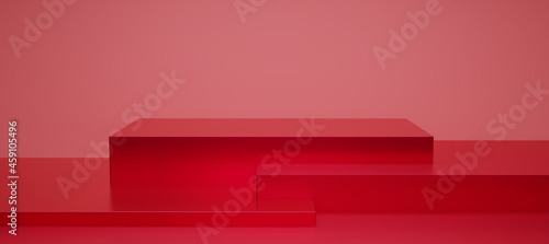 Metallic red podium and gradient light background with studio backdrops. Red Blank display or clean room for showing product. Minimalist mockup for red podium display or showcase. 3D rendering. © vensto