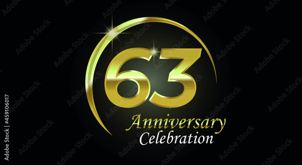 63 years anniversary celebration. Anniversary logo with ring in golden color isolated on black background with golden light, vector design for celebration, invitation card and greeting card 63 years anniversary celebration. Anniversary logo with ring in golden color isolated on black background with golden light, vector design for celebration, invitation card and greeting card