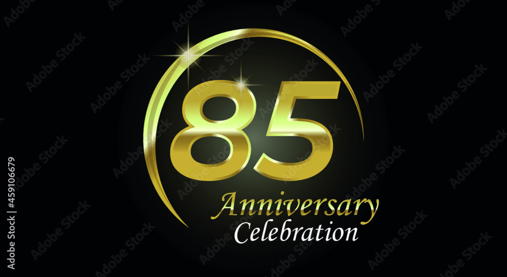 85 years anniversary celebration. Anniversary logo with ring in golden color isolated on black background with golden light, vector design for celebration, invitation card and greeting card 85 years anniversary celebration. Anniversary logo with ring in golden color isolated on black background with golden light, vector design for celebration, invitation card and greeting card