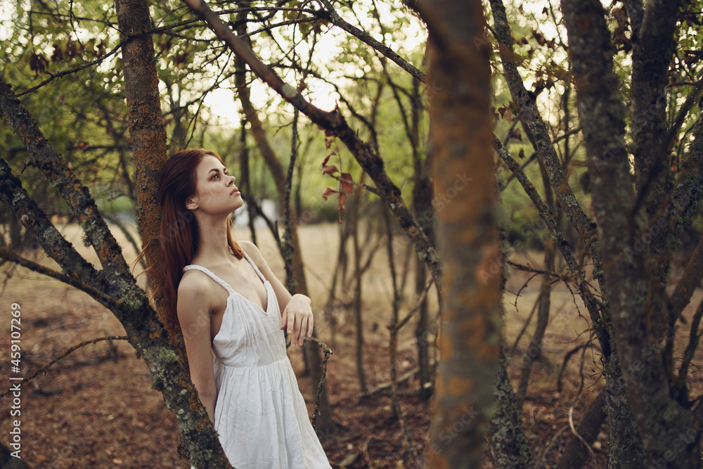 Woman in white summer dress trees nature travel Woman in white summer dress trees nature travel