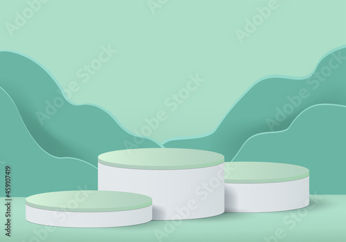 3D Podium set in green background. Cylinder podium stand with paper craft. Vector illustration of natural design for product display mock up with podium stand background