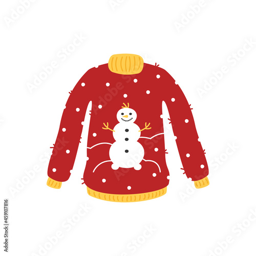 Red ugly christmas sweater with snowman. Funny traditional knitted clothes