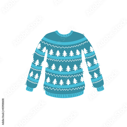 Blue christmas ugly sweater with spruce pattern